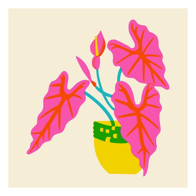 Hojas anchas en maceta al estilo de risografía planta de interior tropical con hojas ilustración vectorial de contraste aislada dibujo gráfico vectorial de palmera en jarrón