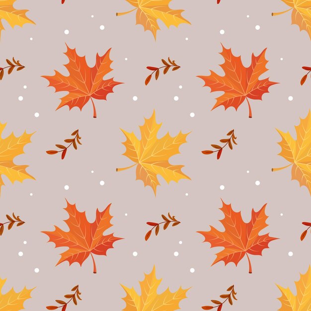 Hojas de arce de patrones sin fisuras, amarillo y naranja sobre un fondo beige. Impresión de otoño, fondo