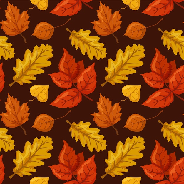 Hojas de arce y roble de patrones sin fisuras hojas de otoño ornamento natural fondo oscuro