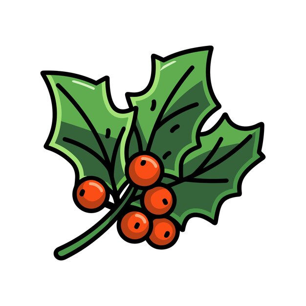 Hojas de bayas de acebo de Navidad Icono de Navidad de dibujos animados Planta de Navidad dibujada a mano Ilustración vectorial Símbolo de Navidad