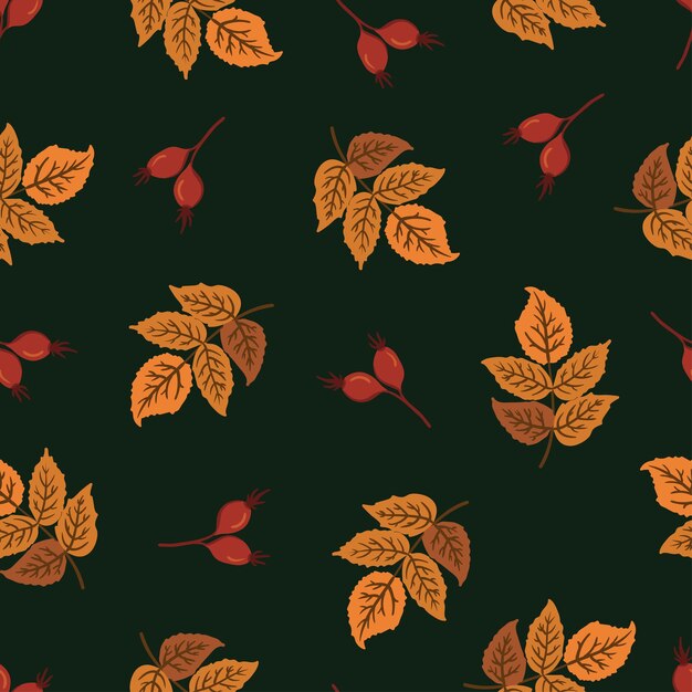 Hojas y bayas de otoño de rosas silvestres Caída de patrones sin fisuras vector briar dogrose eglantine