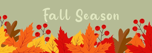 Hojas y bayas de otoño con texto de la temporada de otoño sobre un fondo verde