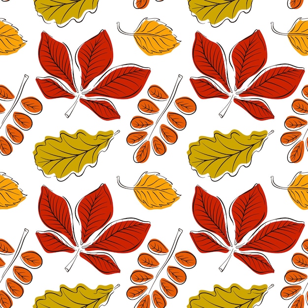 Hojas de bosque de otoño patrón sin costuras en estilo de arte de línea diseño de fondo de temporada de otoño en estilo plano
