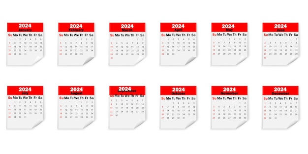 Hojas de calendario 2024. diferentes meses del calendario. hojas rojas del calendario.