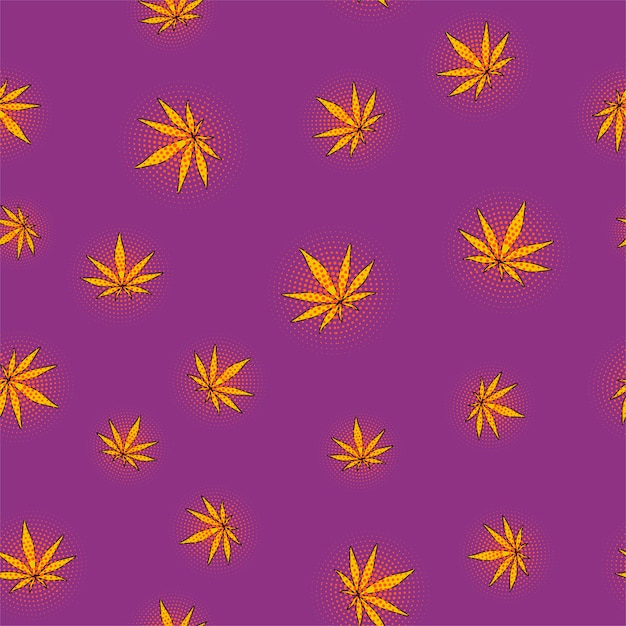 Hojas de cannabis amarillas brillantes con arte pop de puntos en un patrón de fondo púrpura