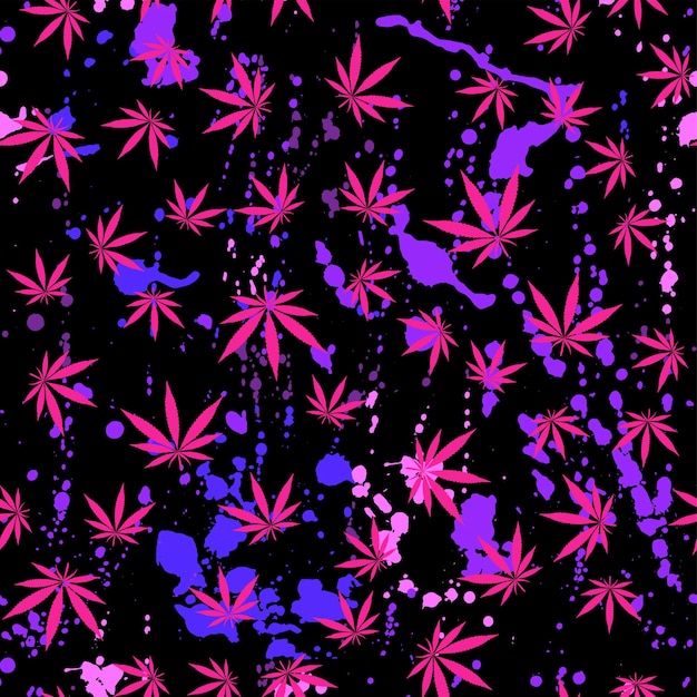 Hojas de cannabis de neón brillante en un patrón de cáñamo de fondo abstracto negro