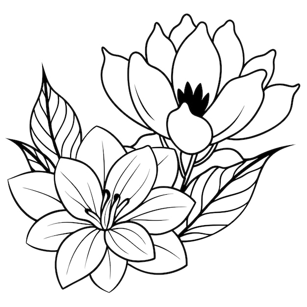 Hojas para colorear flores botánicas con pincel y dibujo de líneas