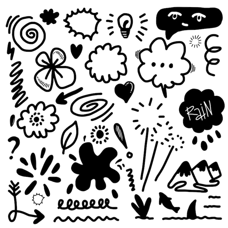 Vector hojas corazones cintas abstractas flechas y otros elementos en estilos dibujados a mano para el diseño conceptual