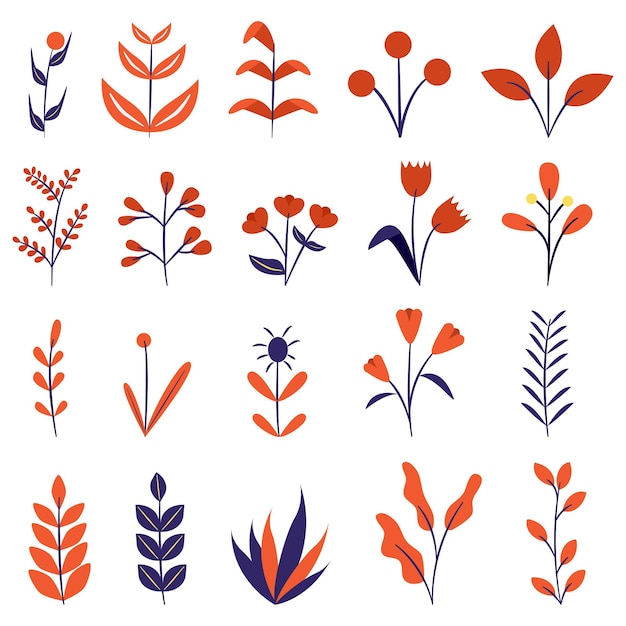 Vector hojas dibujadas a mano y imágenes prediseñadas de flores.