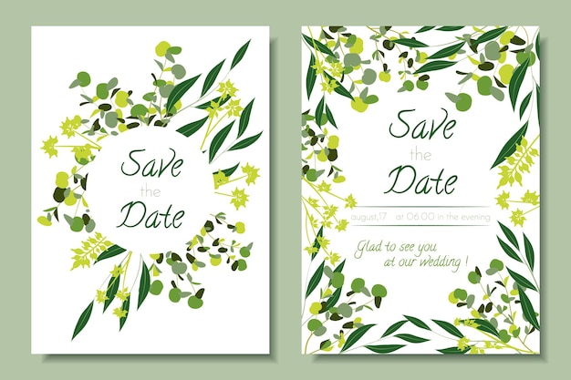 Hojas de eucalipto y flores en un set de invitación de boda rústica