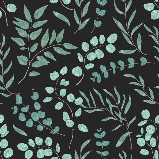 Hojas de eucalipto patrón transparente de vector dibujado a mano. Ramas naturales, textura decorativa de ramitas de hoja perenne. Follaje de los árboles de goma sobre fondo negro. Papel de regalo botánico, papel tapiz, diseño textil.