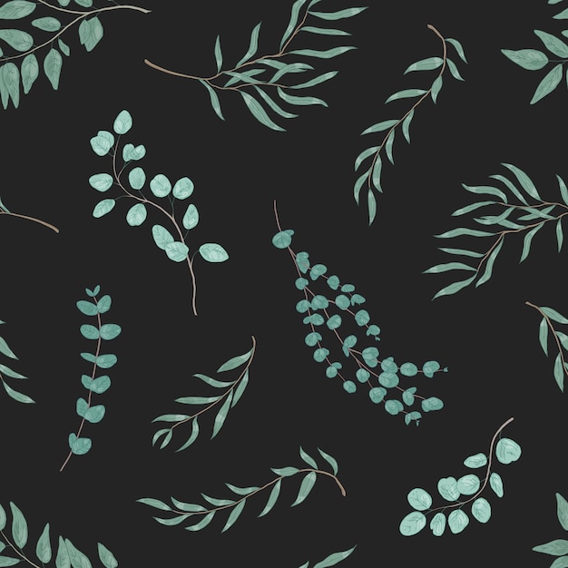 Hojas de eucalipto de patrones sin fisuras. textura de hierbas verdes exóticas. impresión textil floral con ramitas ilustración vectorial. ramas de plantas dibujadas a mano sobre fondo negro. diseño de papel tapiz botánico realista