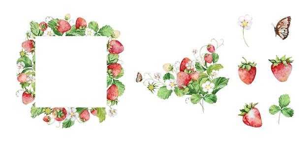 Hojas y flores de estraberry de acuarela enmarcadas