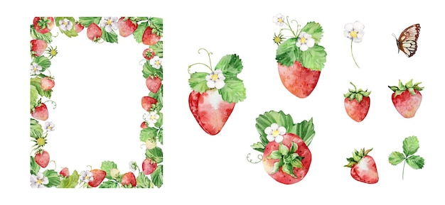 Hojas y flores de estraberry de acuarela enmarcadas