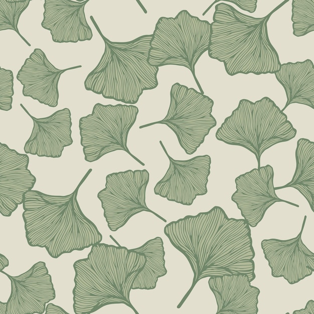 Hojas grabadas de patrones sin fisuras Ginkgo Biloba Vintage fondo botánico con follaje en estilo dibujado a mano
