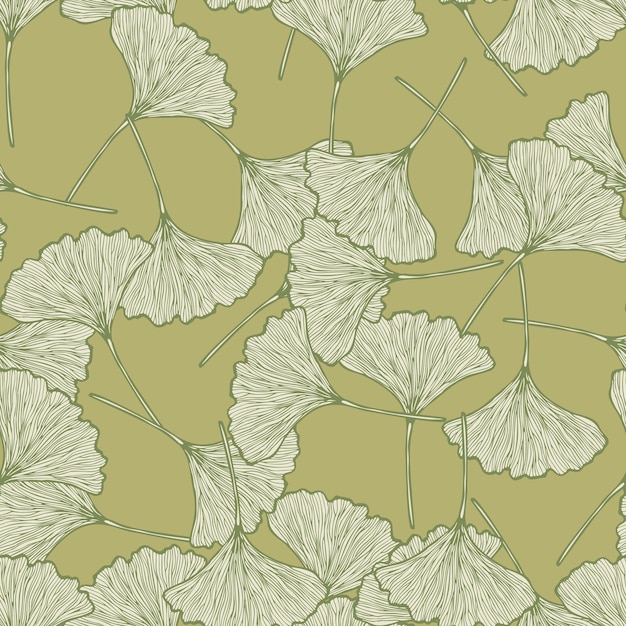 Hojas grabadas de patrones sin fisuras Ginkgo Biloba Vintage fondo botánico con follaje en estilo dibujado a mano
