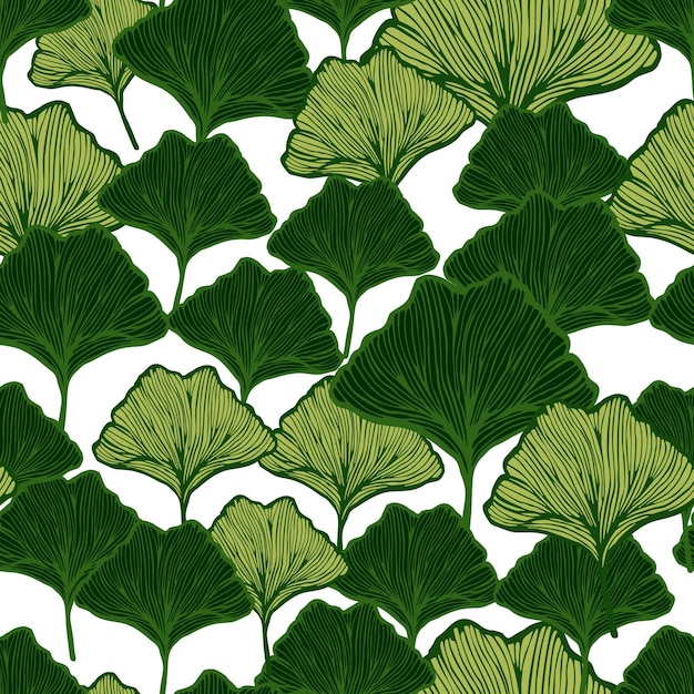 Hojas grabadas de patrones sin fisuras Ginkgo Biloba Vintage fondo botánico con follaje en estilo dibujado a mano