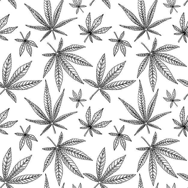 Hojas de marihuana de patrones sin fisuras Fondo vintage dibujado a mano de cannabis