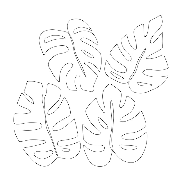 Hojas de Monstera aisladas sobre fondo blanco Una línea de dibujo Ilustración vectorial en estilo de arte lineal