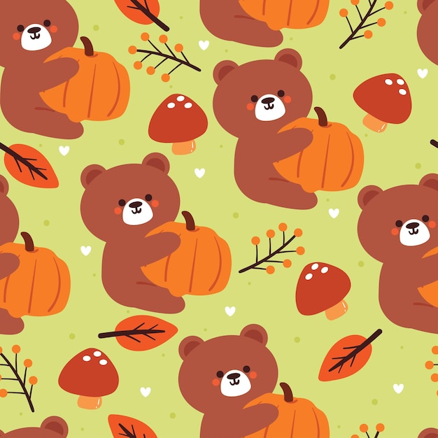 Hojas de oso de dibujos animados de patrones sin fisuras y elemento de vibraciones de otoño lindo papel tapiz de otoño para vacaciones