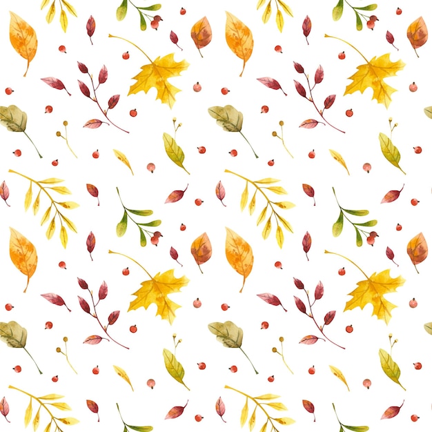 Hojas de otoño acuarela de patrones sin fisuras bosque de otoño flores silvestres y arándano