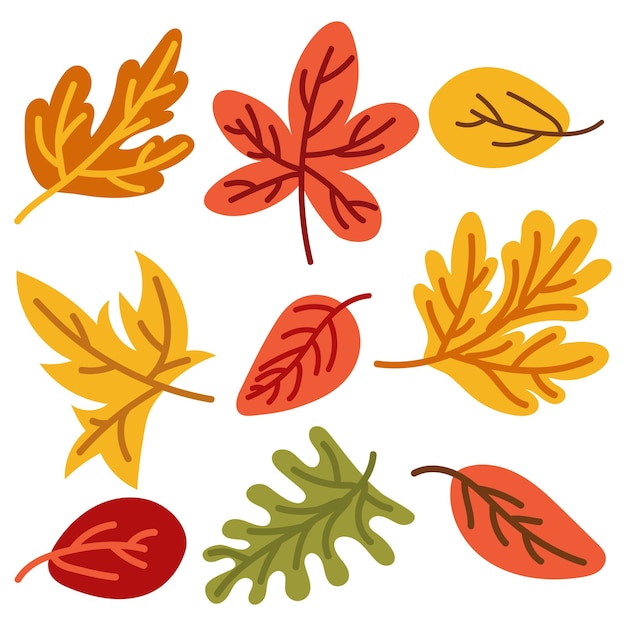 Hojas de otoño aisladas sobre un fondo blanco Ilustración vectorial de estilo plano de dibujos animados simple