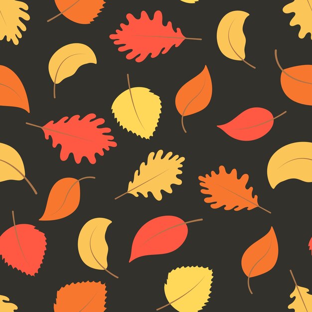 Hojas de otoño brillantes sobre fondo oscuro de patrones sin fisuras Vector de hojas amarillas rojas y naranjas