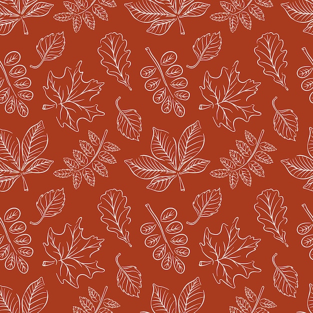 Las hojas de otoño sin costuras patrón línea estilo de arte en fondo rojo perfecto para la invitación de saludo