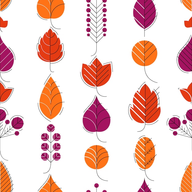 Hojas de otoño de dibujos animados con estilo patrón de vector transparente, papel tapiz sin fin o muestra textil con tema floral de árbol, rojo otoño vida.