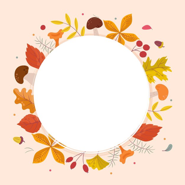 Hojas de otoño enmarcan forma circular con diferentes tipos de hojas alrededor de copyspace Linda ilustración