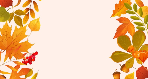 Hojas de otoño en el fondo con dibujos animados hojas de otoño bayas piñas conos planta physalis etc.