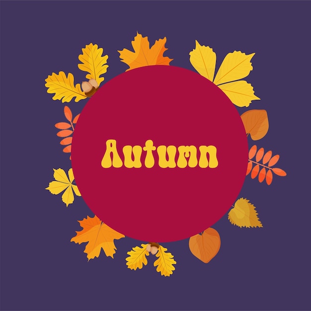 hojas de otoño marco circular estacional en un fondo púrpura