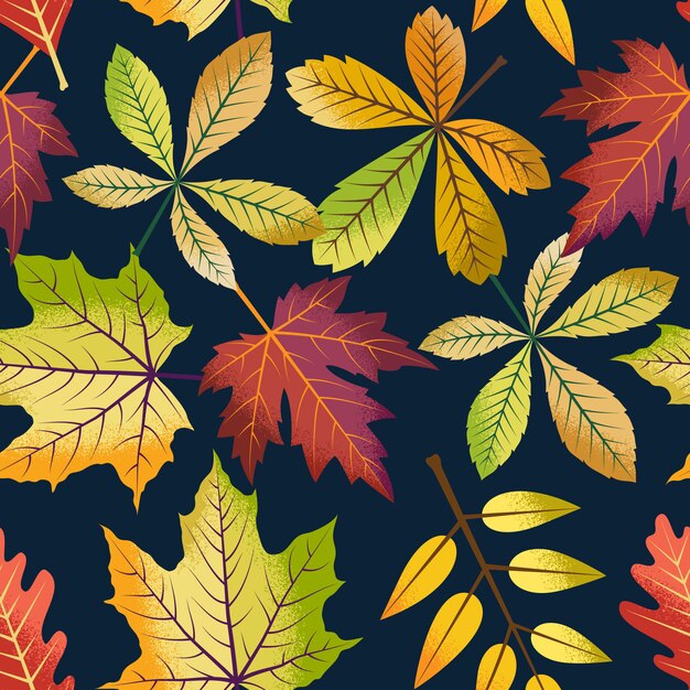 Hojas de otoño de patrones sin fisuras en la oscuridad.