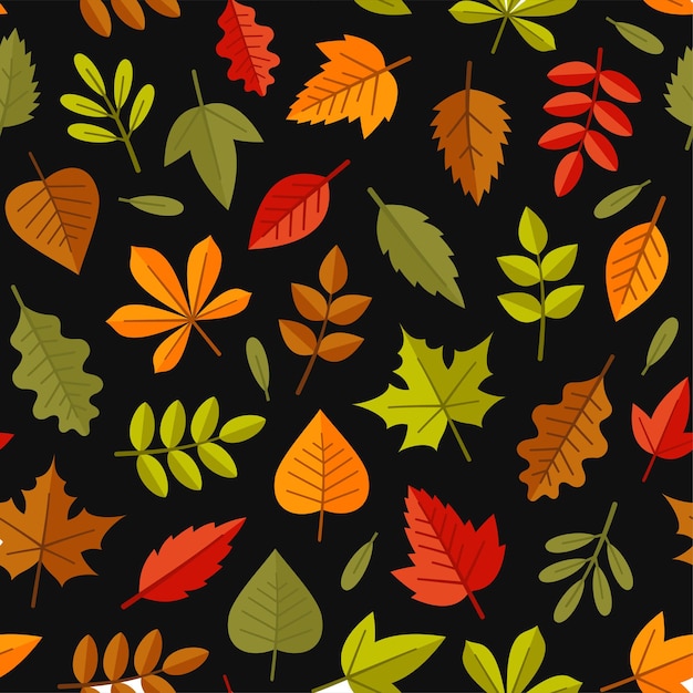 Hojas de otoño de patrones sin fisuras sobre fondo negro. Vector