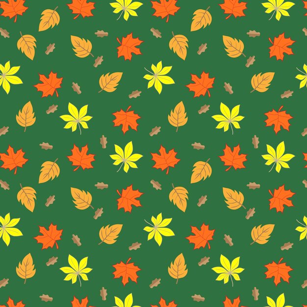 Hojas de otoño de patrones sin fisuras sobre fondo verde, ilustración vectorial