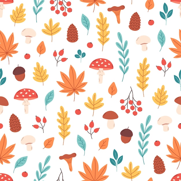 Hojas de otoño plantas setas de patrones sin fisuras Temporada de otoño hola otoño