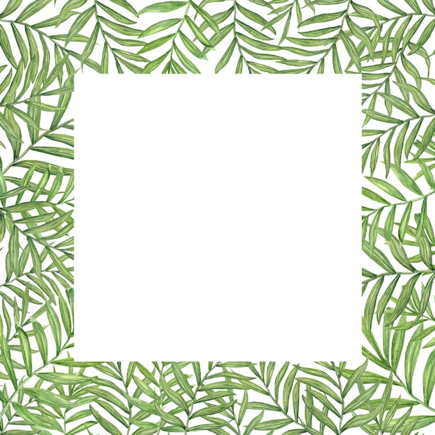 Hojas de palma marco de acuarela con espacio vacío para el texto selva tropical verde follaje exuberante ilustración de verano plantilla floral para tarjeta de felicitación diseño de etiqueta de invitación de boda