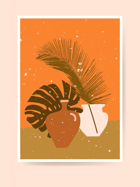 Hojas de palma y monstera, vasijas de barro. decoración del hogar boho. impresión abstracta moderna de la naturaleza muerta. arte minimalista contemporáneo. decoración infantil, arte mural. colores terracota neutros, tonos tierra. vector