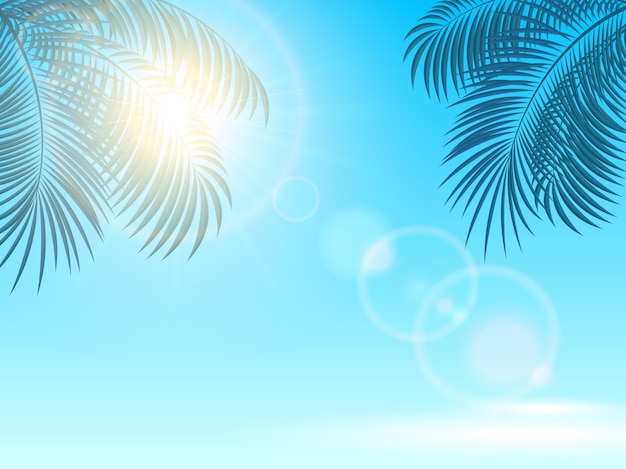 Hojas de palma y el sol en una ilustración de fondo azul brillante