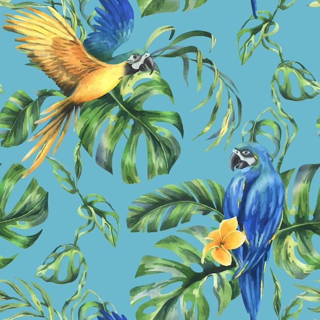 Hojas de palma tropical monstera y flores de plumeria hibiscus brillantes y jugosas con ara azul amarillo