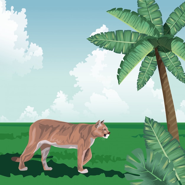 Hojas de palmera caminando felinas fauna tropical y paisaje de flora