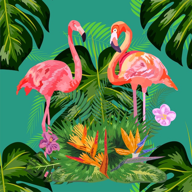 Hojas de palmera de la selva tropical verde brillante Flamenco exótico rosa pájaros zancudos pareja Textura de patrón sin costuras