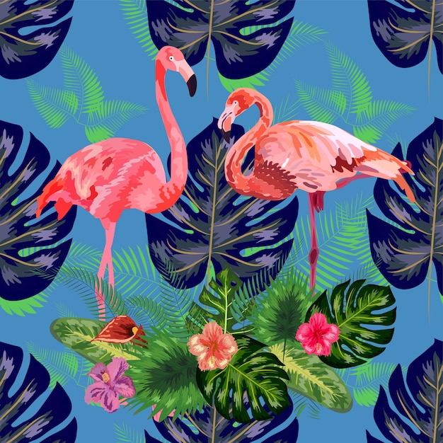 Hojas de palmera de la selva tropical verde brillante Flamenco exótico rosa pájaros zancudos pareja Textura de patrón sin costuras