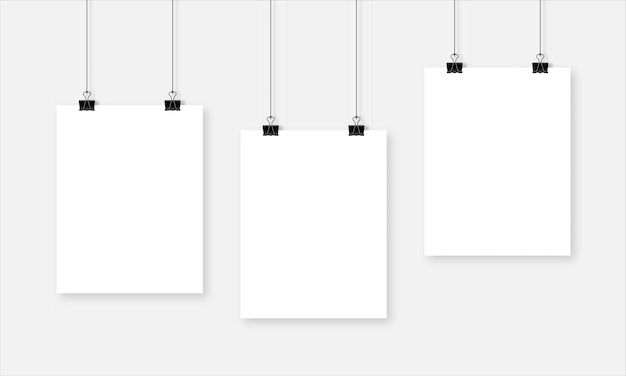 hojas de papel blancas realistas colgadas en clips