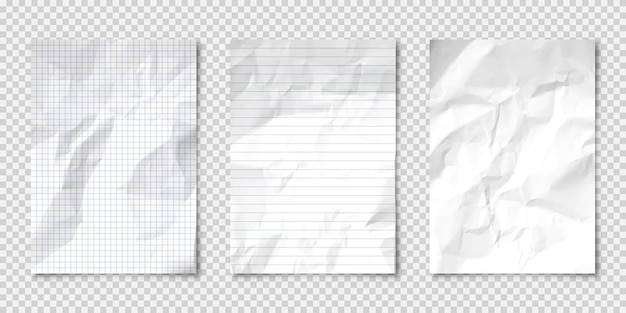 Hojas de papel en blanco y arrugadas realistas en un formato en fondo transparente documento de página de cuaderno