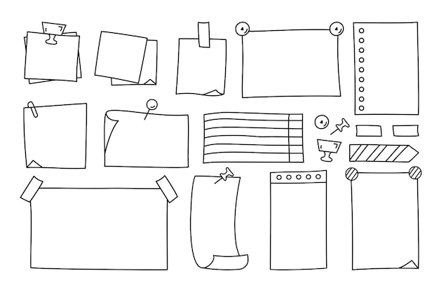 Hojas de papel Doodle pegatinas y alfileres para notas para hacer lista y nota Ilustración vectorial