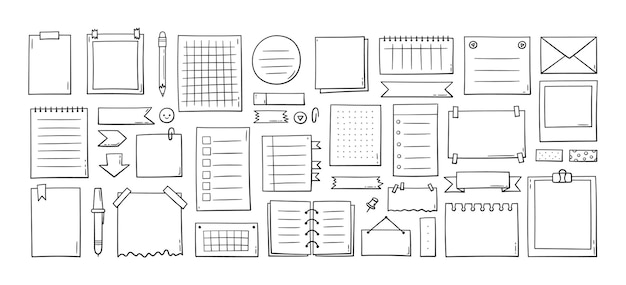 Hojas de papel de notas dibujadas a mano, nota adhesiva, recordatorio, lista de tareas, cinta adhesiva y flechas. Elementos de diario de bala en estilo doodle. Ilustración vectorial en fondo blanco