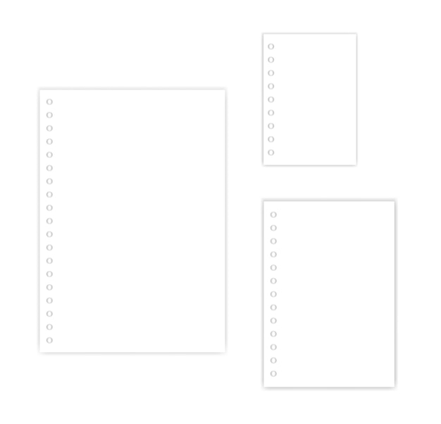 Hojas de papel de relleno blanco perforadas para carpeta de anillas. Juego de tamaños A4, A5, A6. Maqueta de vector
