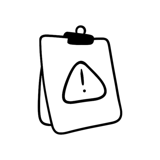 Vector hojas de papel con triángulos y un signo de exclamación sujetado con una caricatura lineal de garabato de clip
