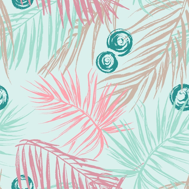 Hojas de patrones sin fisuras tropicales con textura de palma Ilustración vectorial en colores verdes rosados de moda